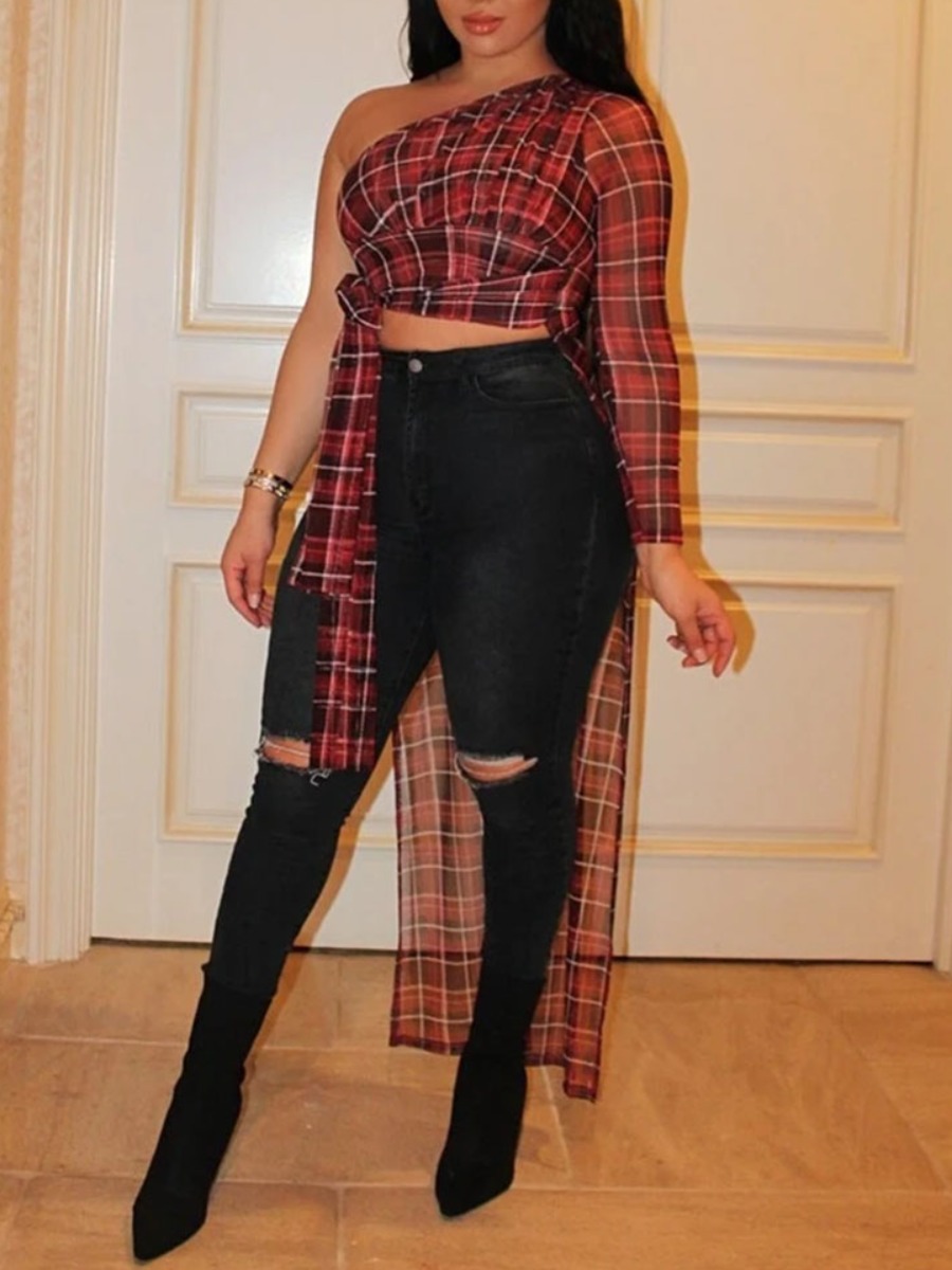 

Lovely Casual One Shoulder Plaid Print Split Red Blouse