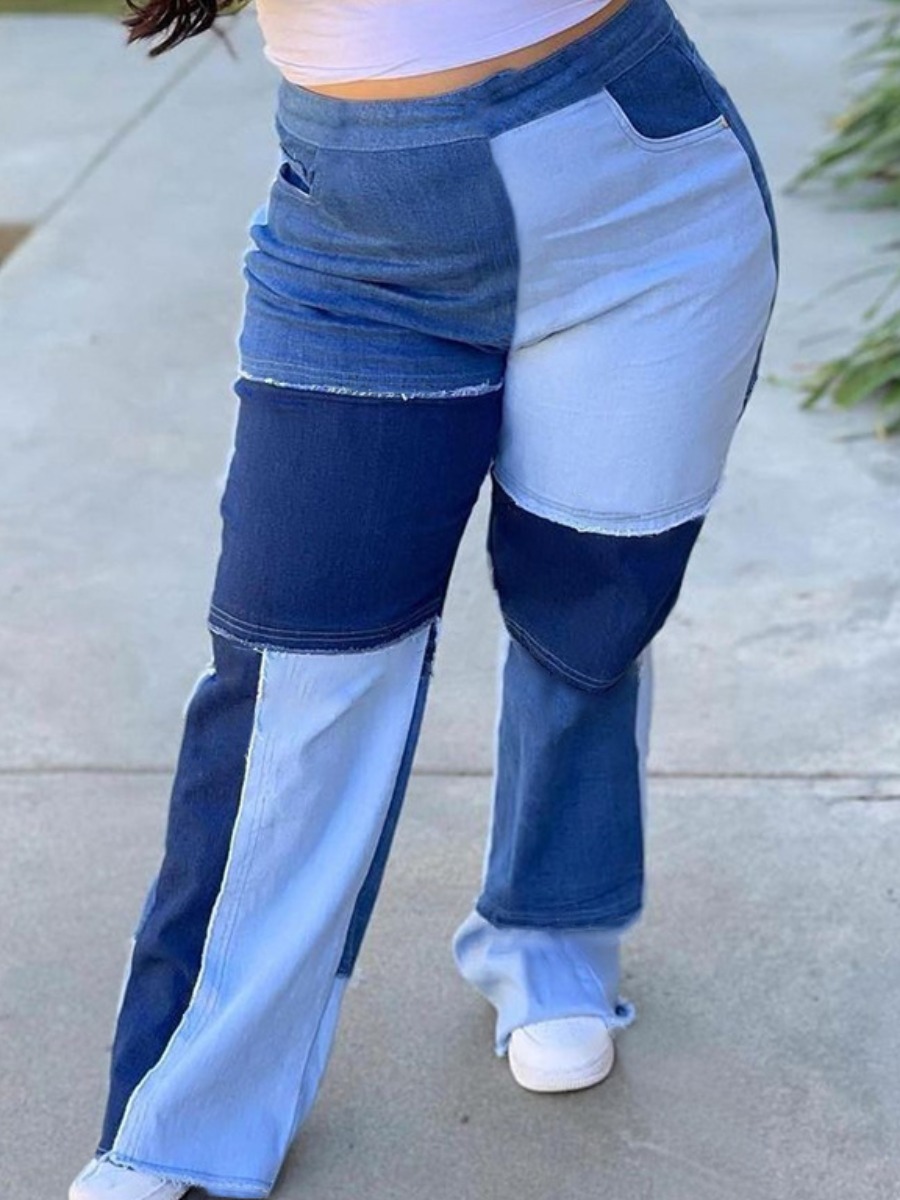 

Lovely Plus Size Street Color-lump Patchwork Blue Pants