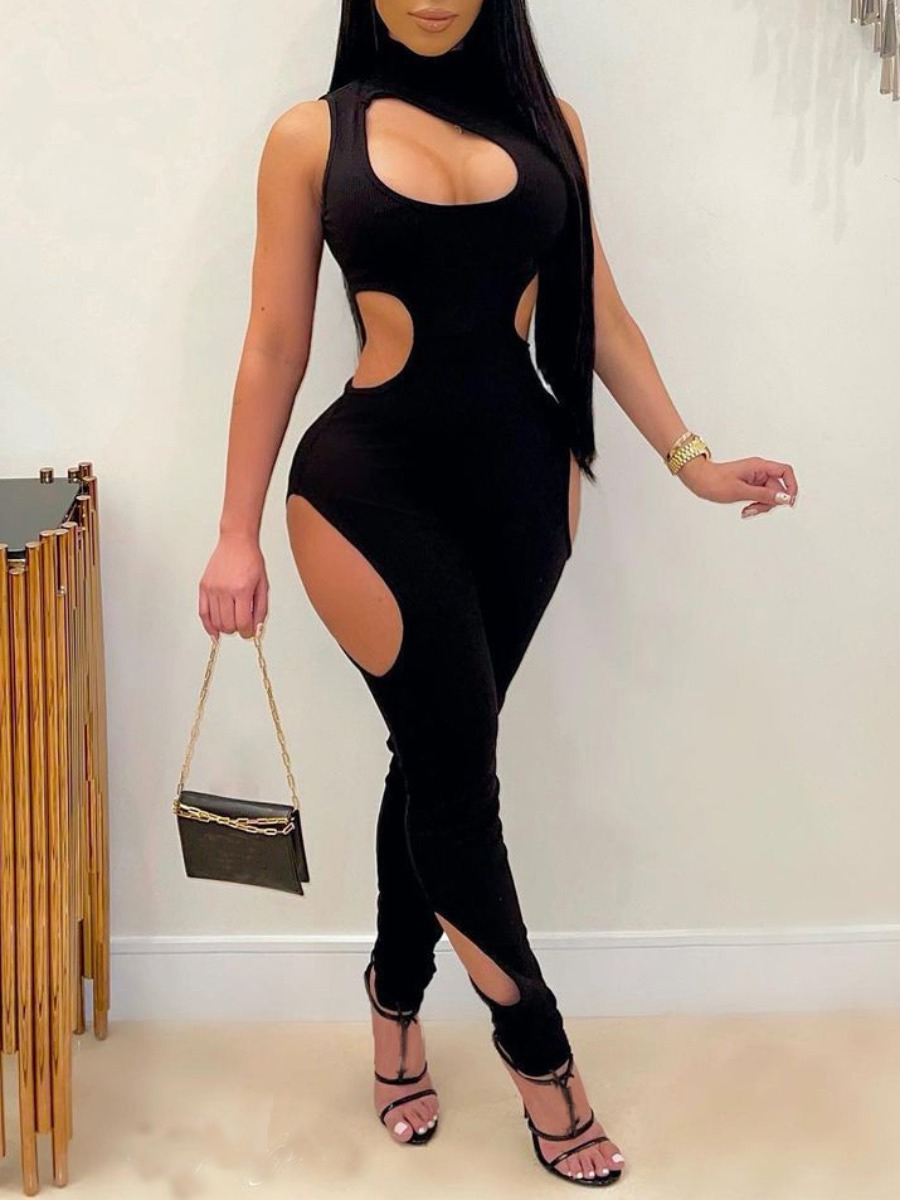 

LW SXY Turtleneck Hollow-out Black One-piece Jumpsuit