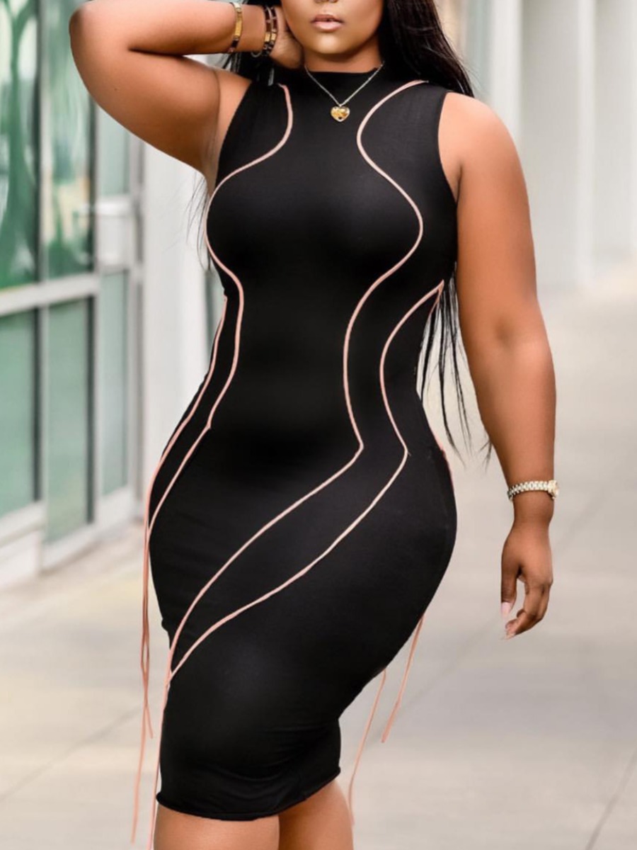 

Lovely Casual O Neck Tassel Design Black Plus Size Knee Length Dress