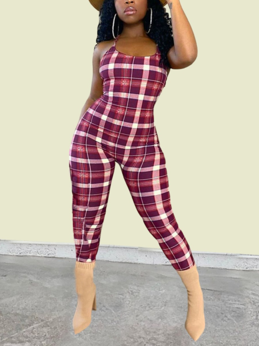 

Lovely Casual Backless Plaid Print Red One-piece Jumpsuit