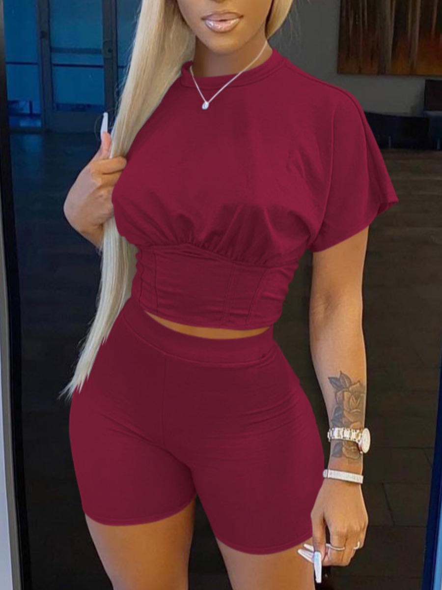 LW Sporty O Neck Basic Skinny Wine Red Two Piece Shorts Set