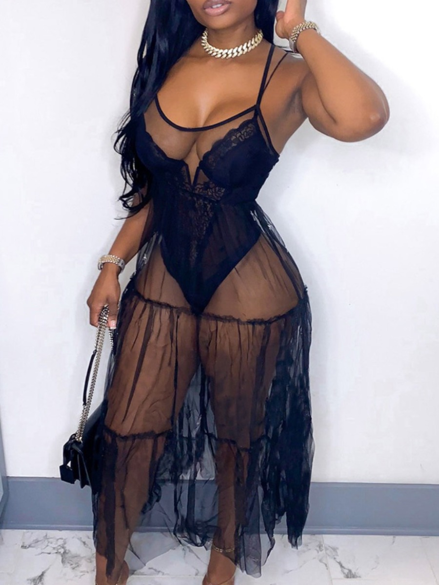 

LW SXY See-through Ruffle Design Black Mid Calf Dress