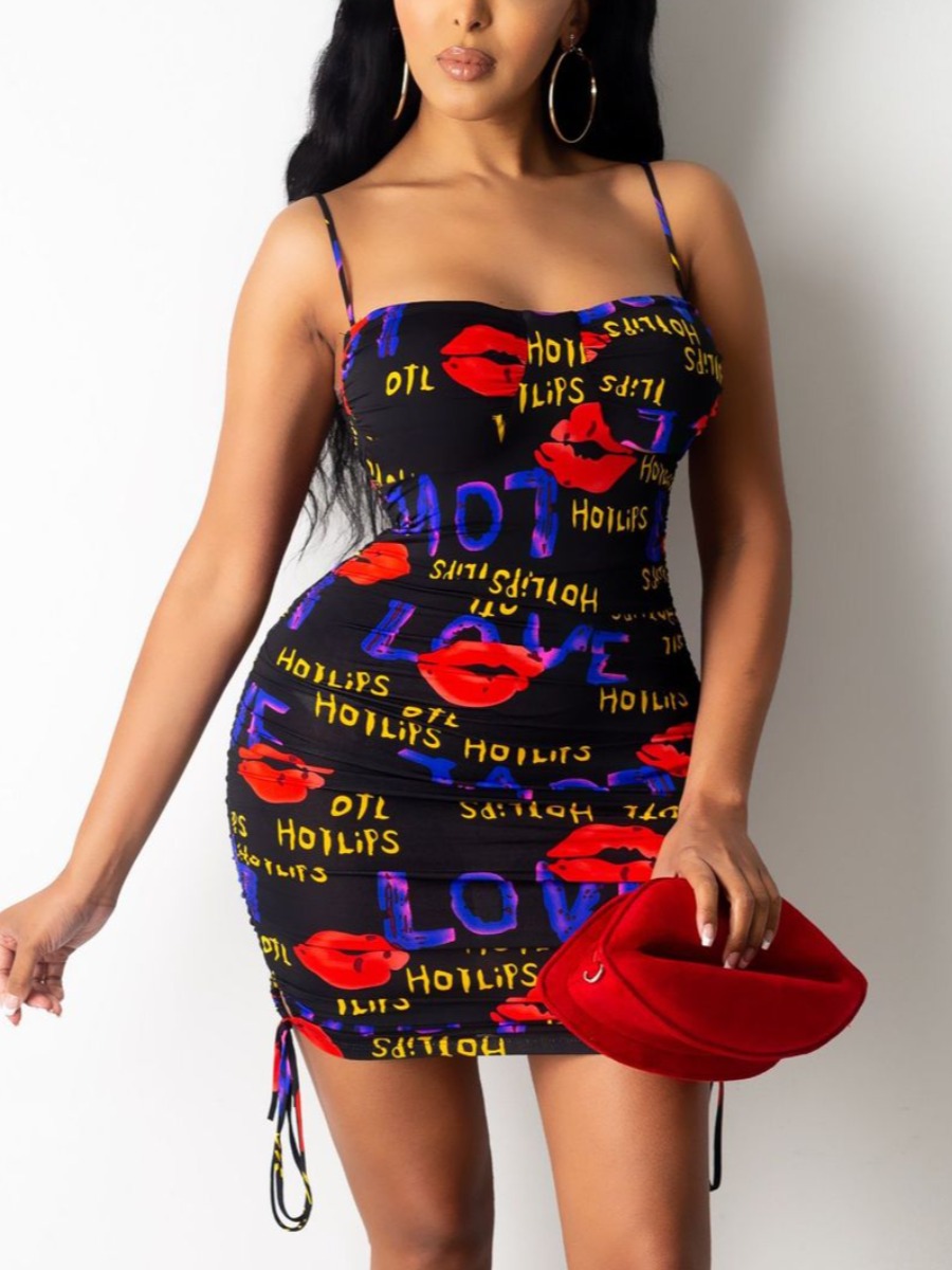 

Lovely Sweet Lip Letter Print Drawstring Black Mini Dress