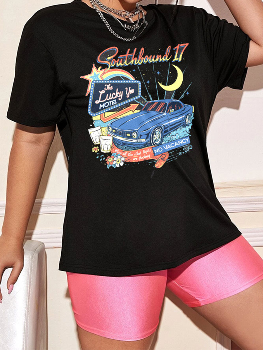 

Lovely Plus Size Casual Car Letter Print Black T-shirt