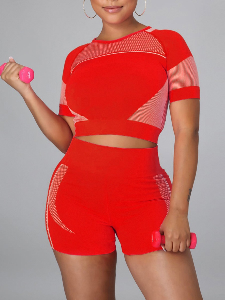 

LW Sporty O Neck Color-lump Red Two Piece Shorts Set
