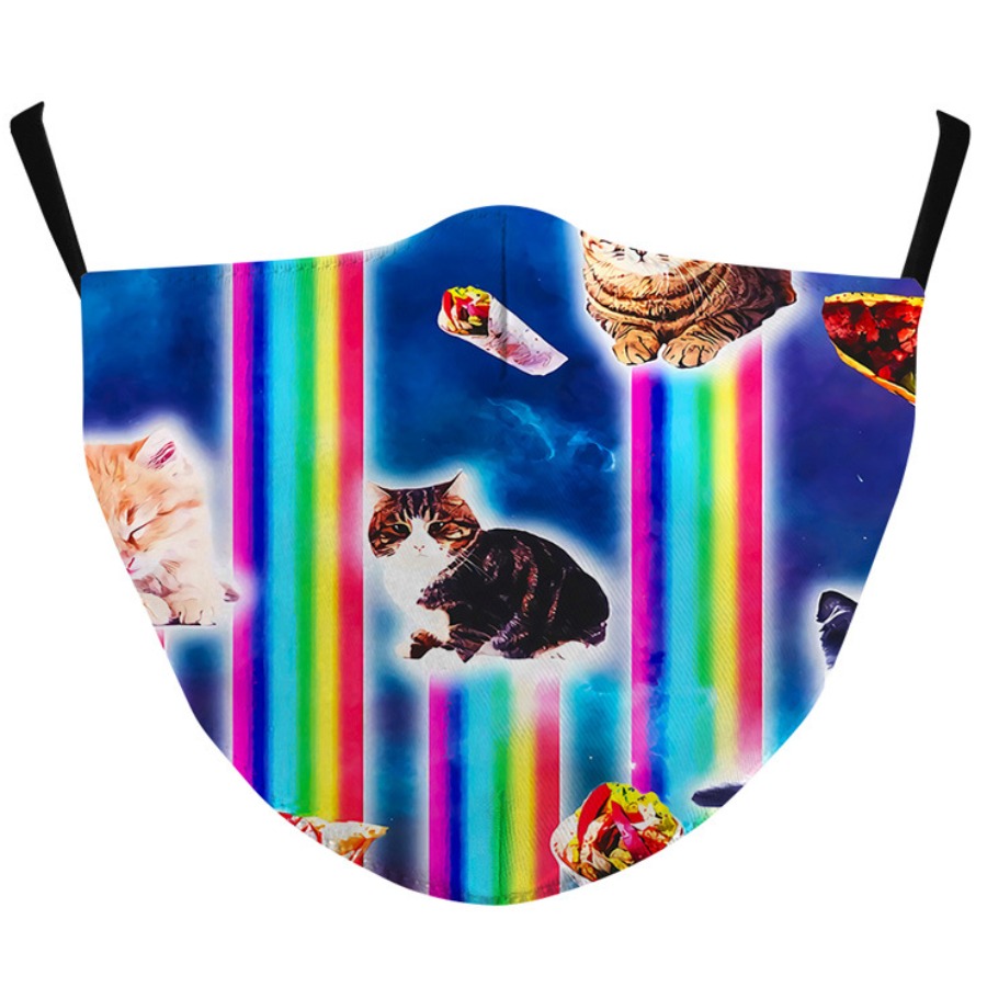 

Lovely Casual Cat Print Rainbow Stripe Multicolor Face Mask, Multi