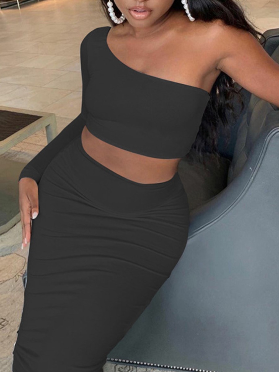 

Lovely Plus Size Elegant One Shoulder Elastic Black Two-piece Skirt Set
