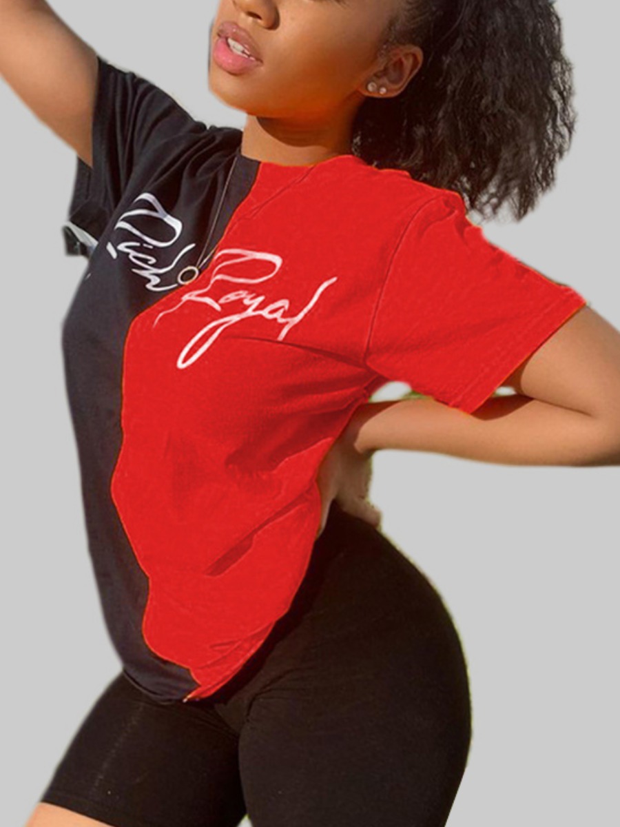 

Lovely Plus Size Casual Letter Print Patchwork Red T-shirt