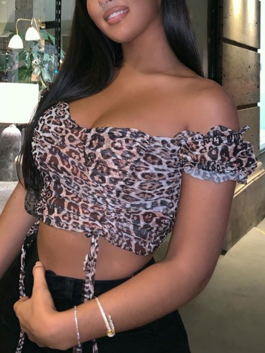

Lovely Street Off The Shoulder Leopard Print Drawstring Blouse