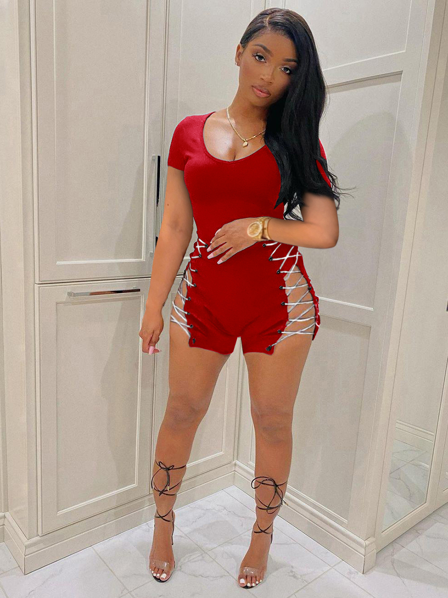 

Lovely Sexy Bandage Hollow-out Design Red One-piece Romper