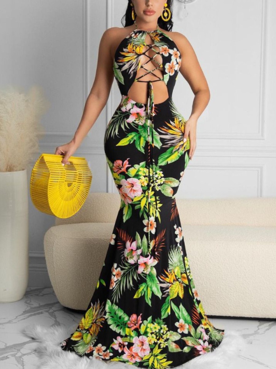 

Lovely Boho Floral Print Bandage Design Multicolor Floor Length Dress, Multi