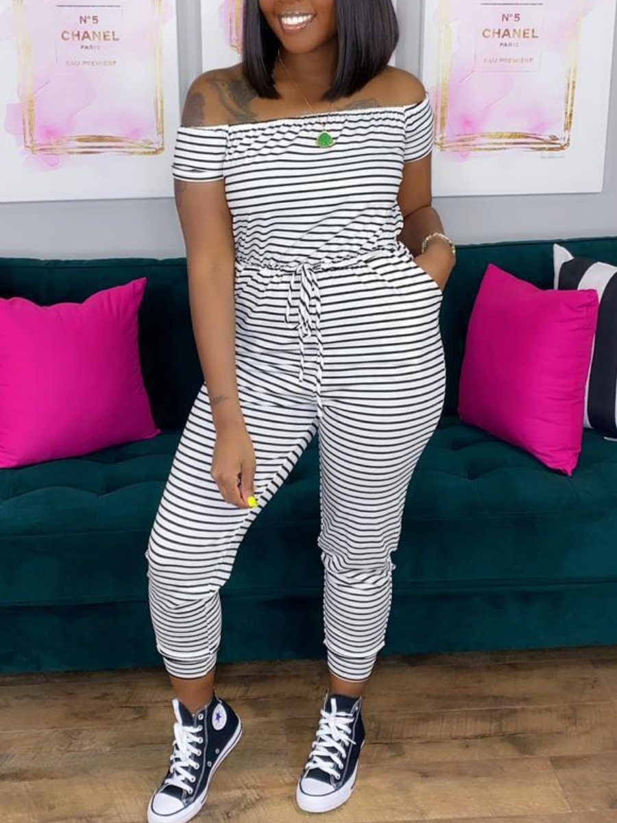 

LW Casual Off The Shoulder Striped White One-piece Jumpsuit