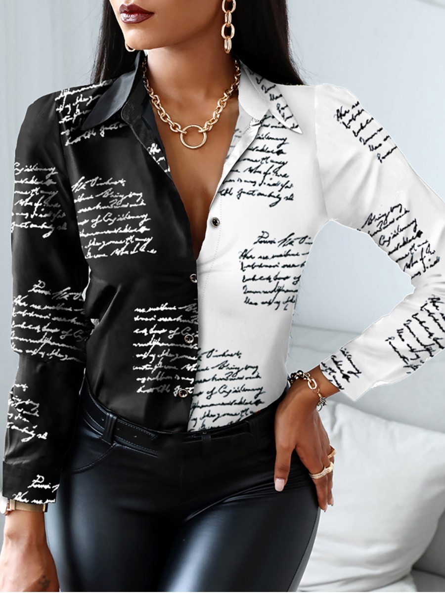 

Lovely Street Letter Print Patchwork Black Blouse