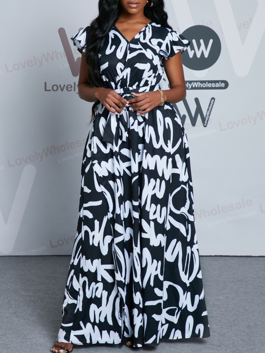 

Lovely Elegant Letter Print Split White Floor Length A Line Dress