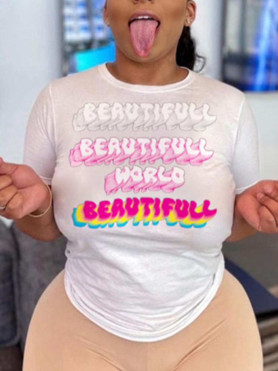 

Lovely Casual O Neck Letter Print White Plus Size T-shirt