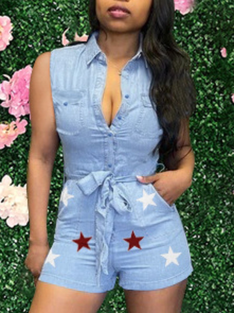 

Lovely Casual Star Print Bandage Design Baby Blue One-piece Denim Romper