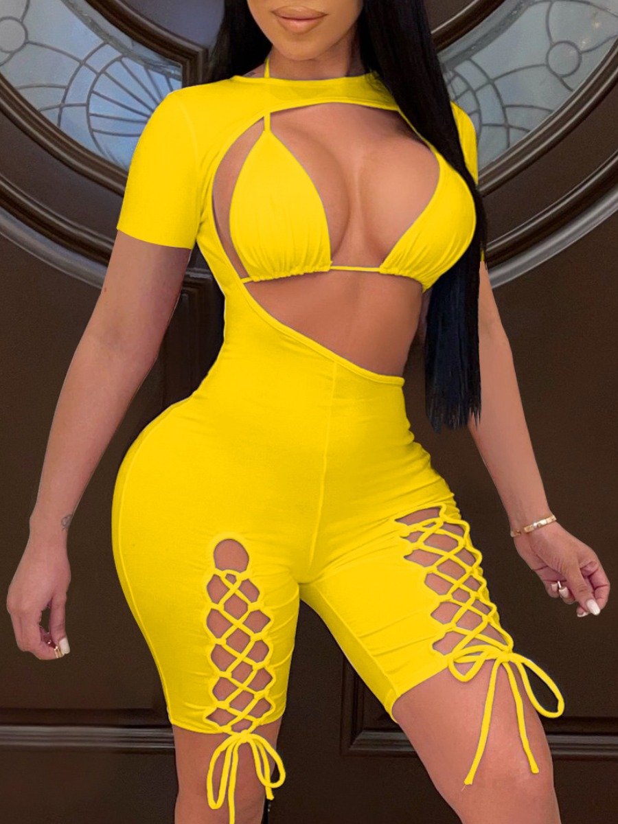 

LW SXY Bandage Hollow-out Design Yellow Two Piece Shorts Set