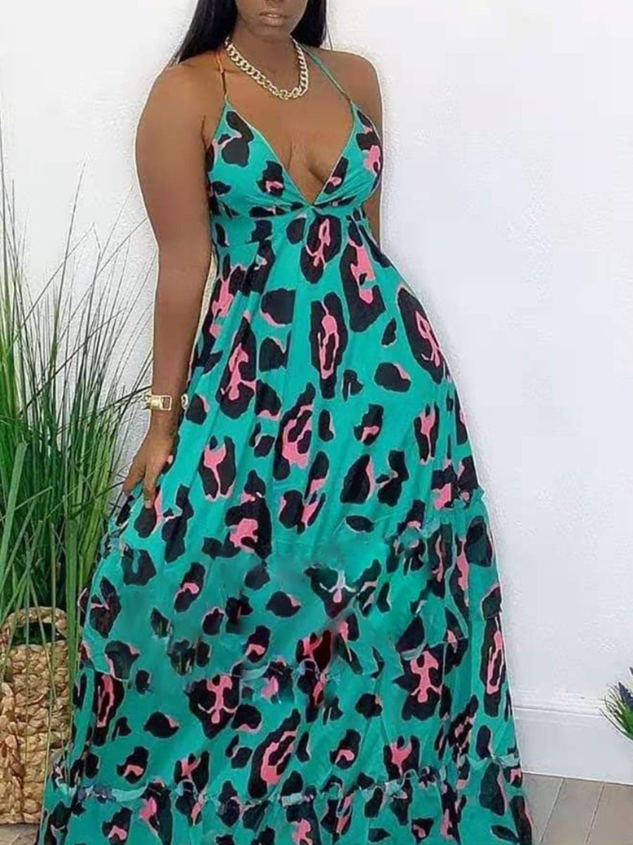 

Lovely Boho V Neck Leopard Print Green Floor Length A Line Dress