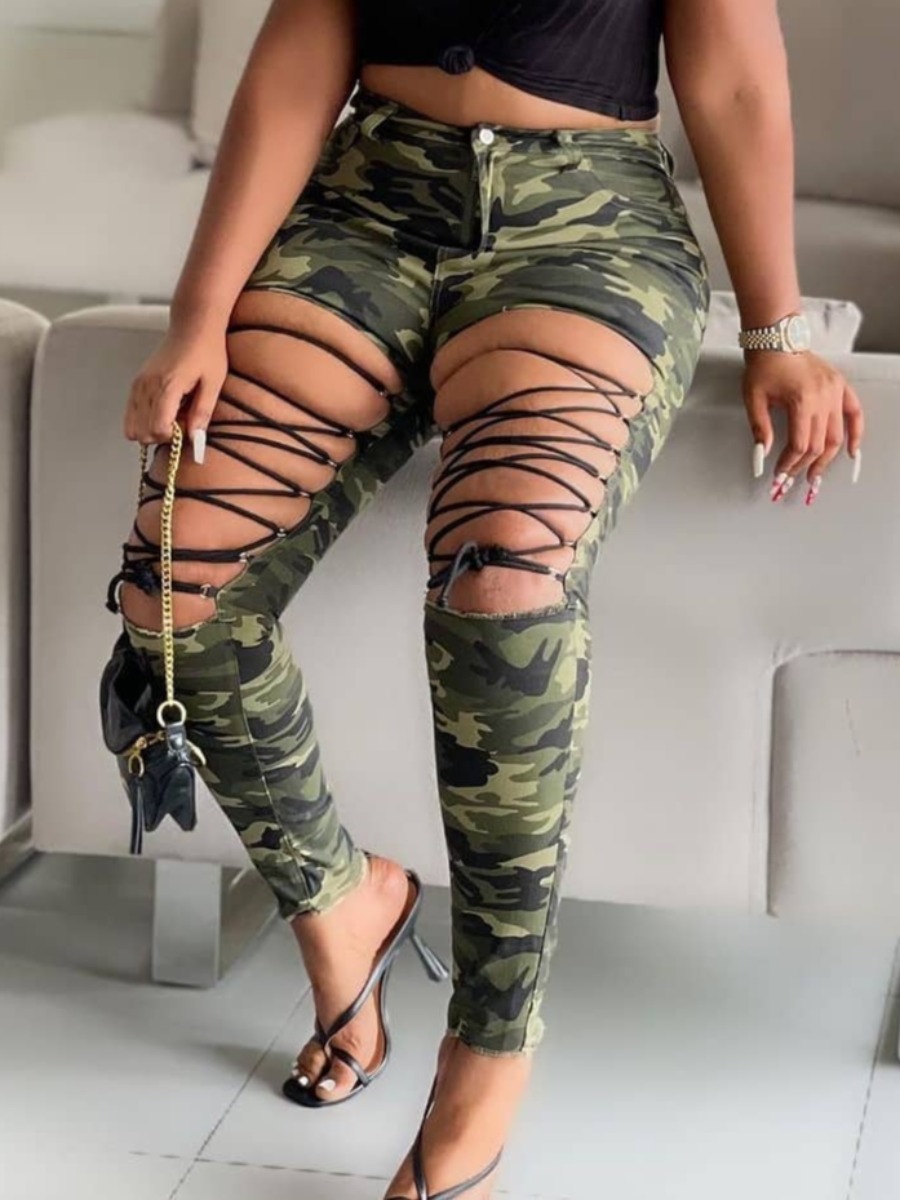 

Lovely Casual Camo Print Bandage Hollow-out Design Pants