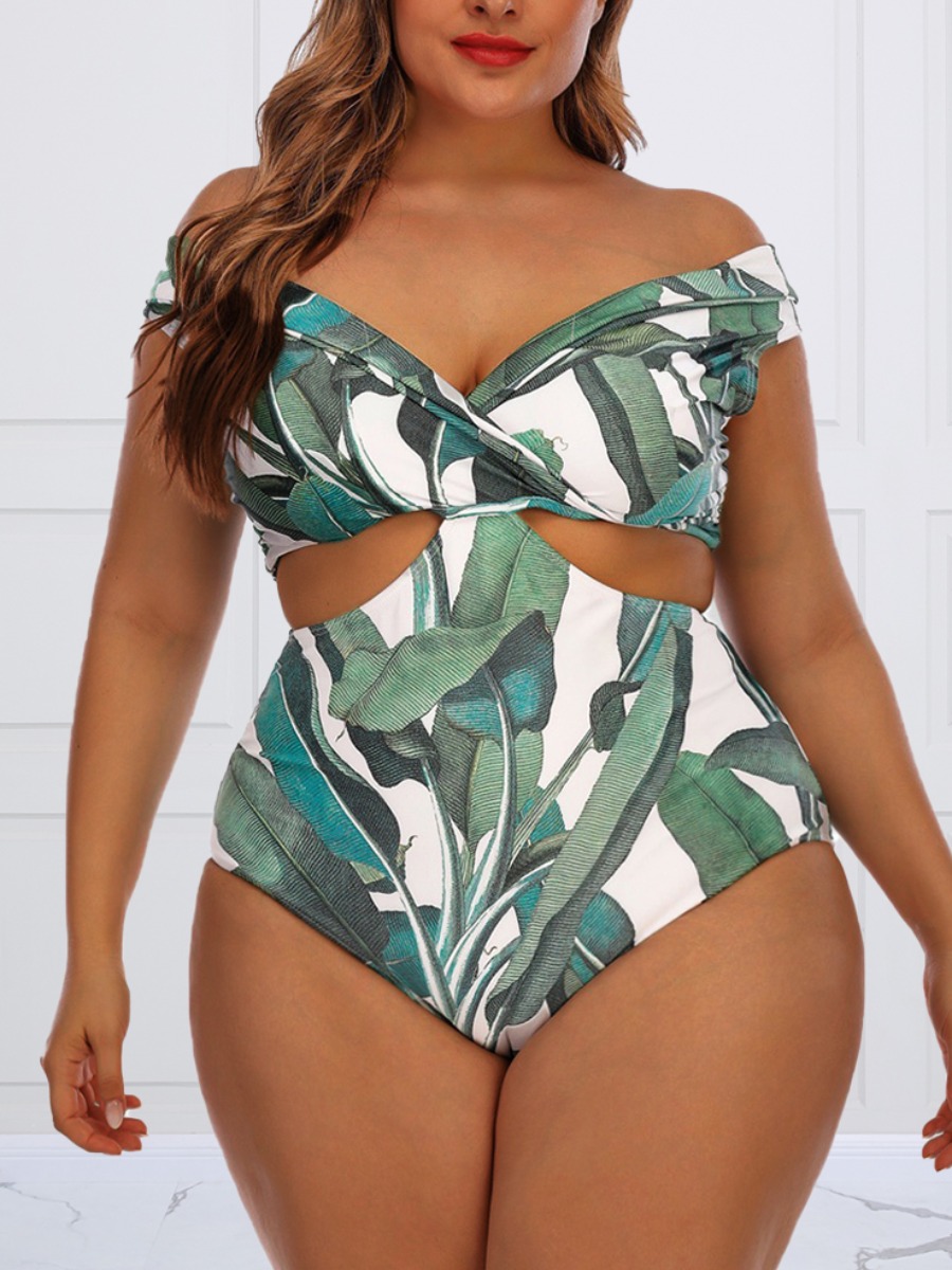 

Lovely Plus Size Boho Leaf Print Hollow-out Green One-piece Swimsuit