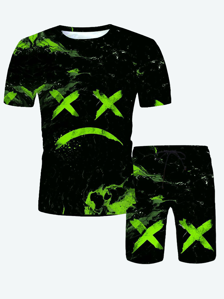 

Lovely Men Street Graffiti Print Patchwork Green Two Piece Shorts Set