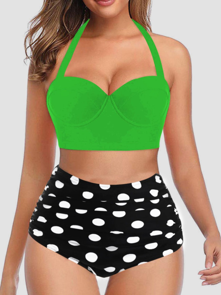 

Lovely Casual U Neck Dot Print Green Two-piece Swimsuit