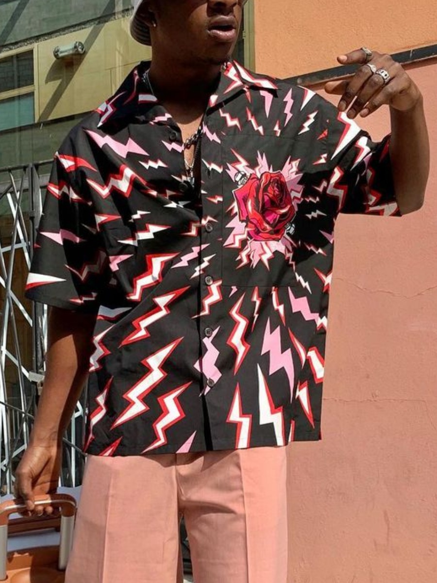 

Lovely Men Street Turndown Collar Floral Print Black Shirt