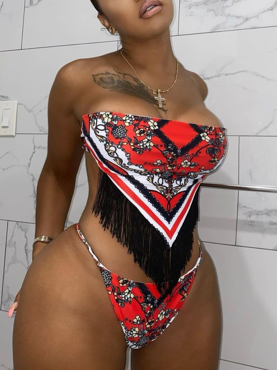 

Lovely Boho Print Tassel Design Red Two-piece Swimsuit