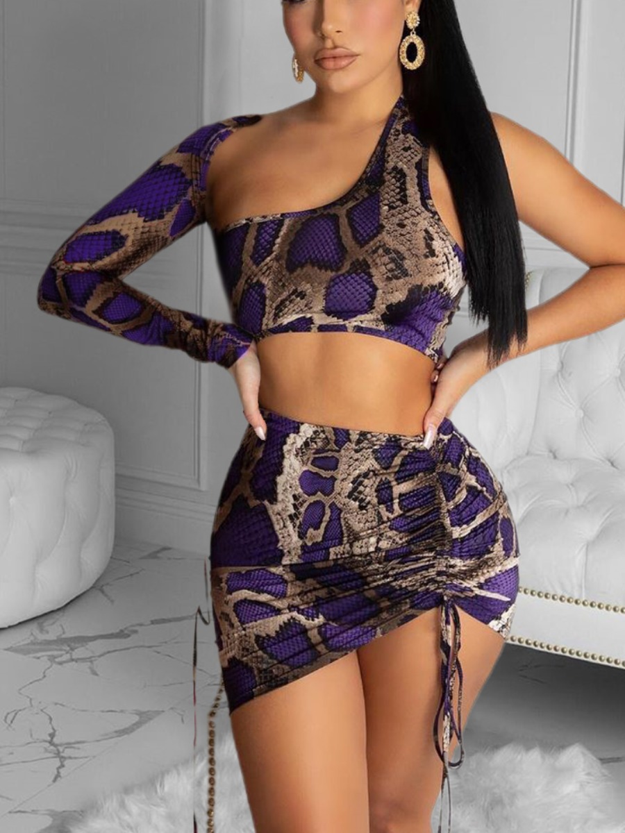 

Lovely Boho One Shoulder Cobra Print Hollow-out Purple Tankini