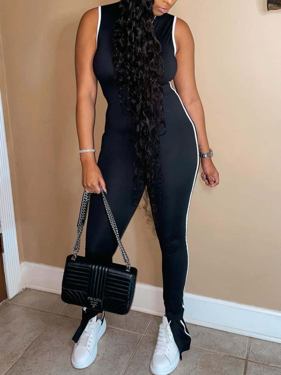 

Lovely Street Mandarin Collar Striped Black Two Piece Pants Set