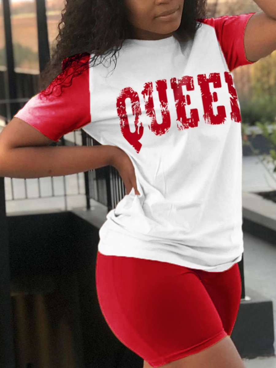 

Lovely Casual Letter Print Patchwork Red Two Piece Shorts Set