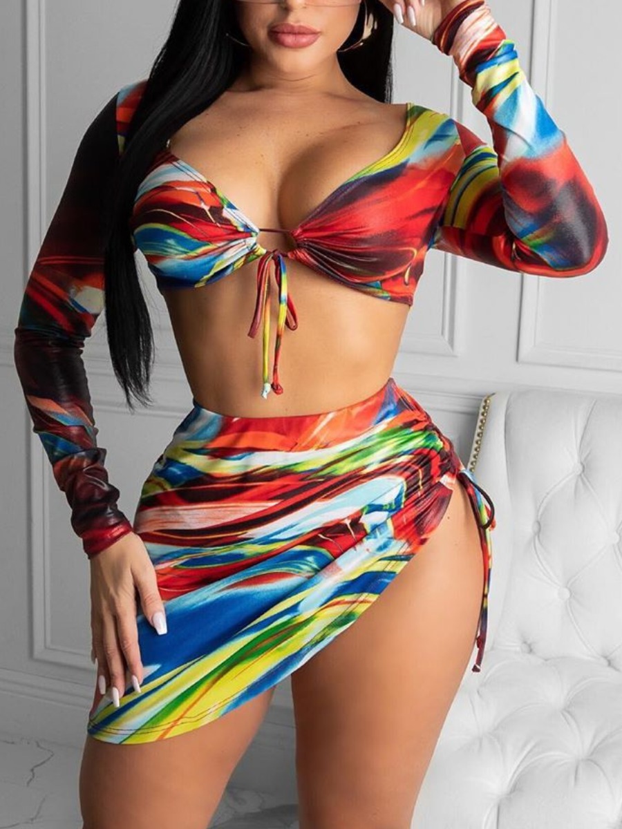 

Lovely Boho Graffiti Print Drawstring Multicolor Tankini, Multi