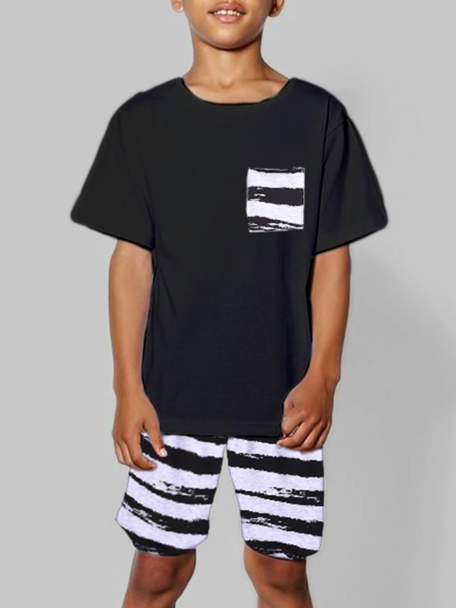 

Lovely Boy Casual Striped Black Two Piece Shorts Set