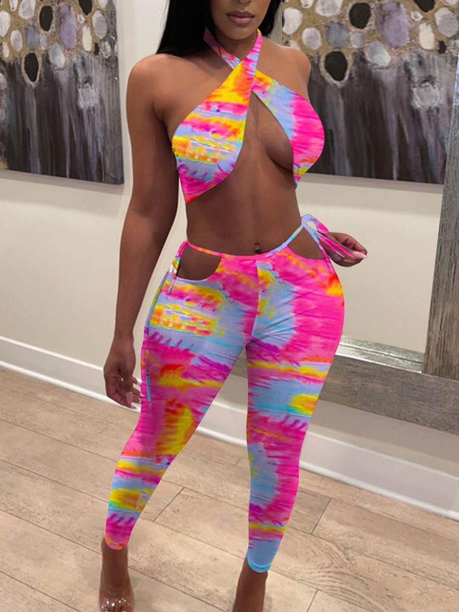

Lovely Sexy Tie Dye Bandage Hollow-out Design Pink Two Piece Pants Set