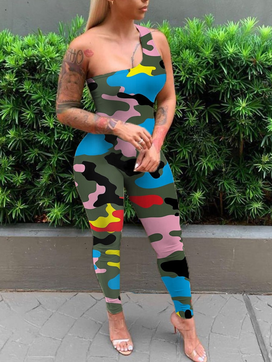 

Lovely Street One Shoulder Camo Print Blue One-piece Jumpsuit