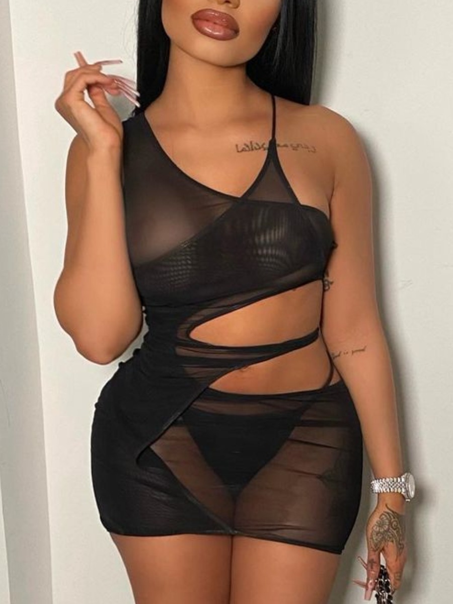 

Lovely Sexy See-through Bandage Hollow-out Design Black Mini Dress