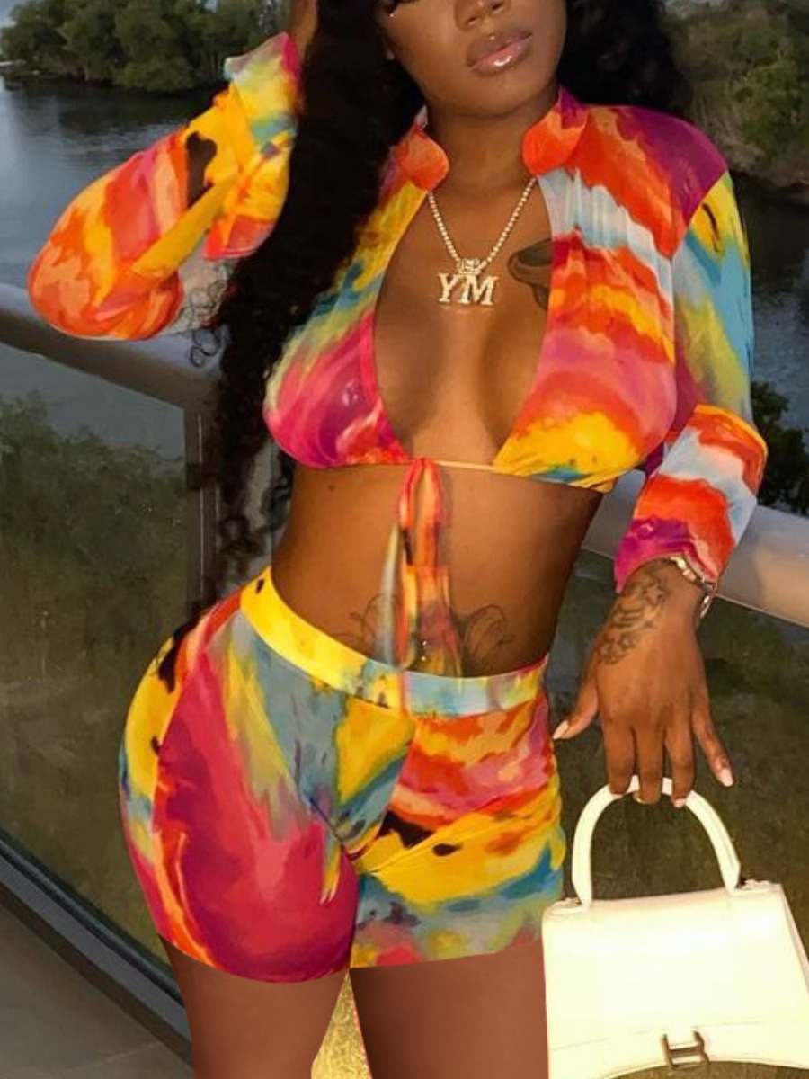 

Lovely Sexy Tie Dye Flared Bandage Design Yellow Two Piece Shorts Set
