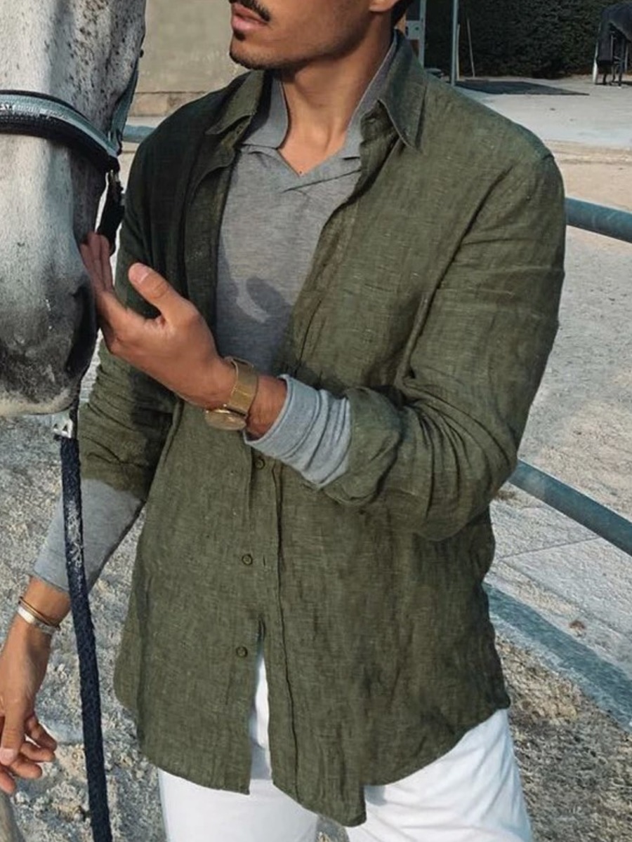 

Lovely Men Casual Turndown Collar Loose Green Shirt