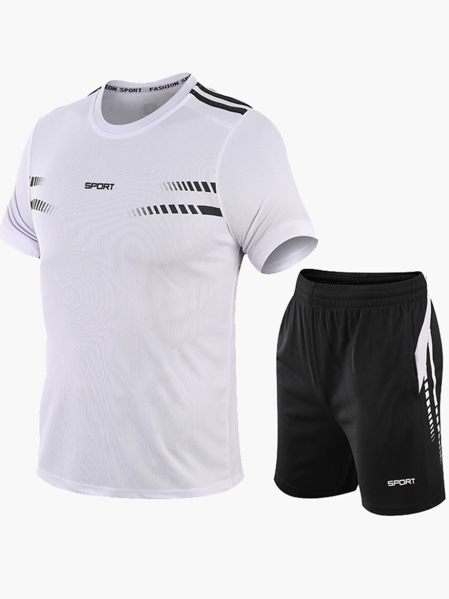 

Lovely Men Sporty O Neck Letter Print White Two Piece Shorts Set