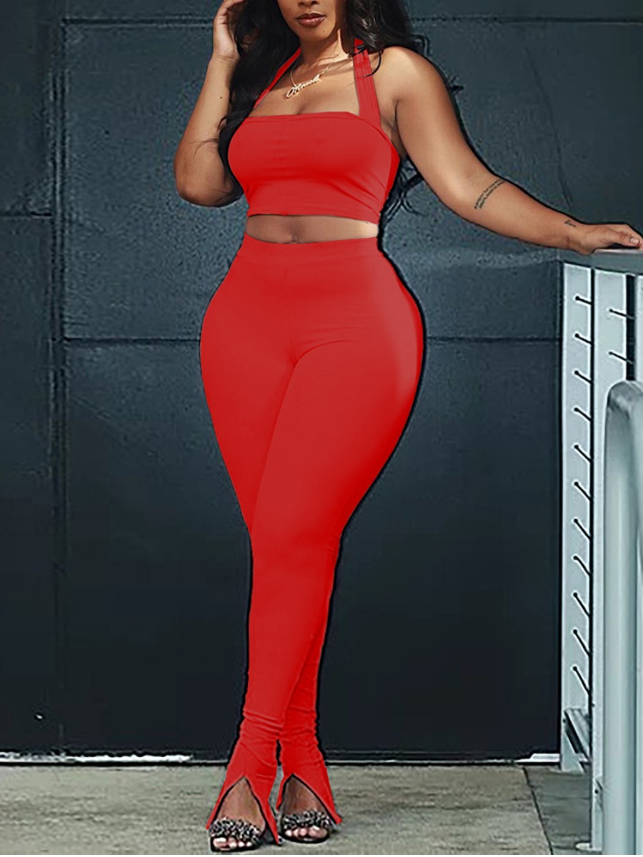 

Lovely Plus Size Casual Spaghetti Strap Split Red Two-piece Pants Set