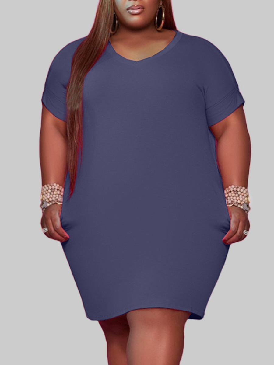

Lovely Casual V Neck Pocket Design Light Grey Knee Length Plus Size Dress