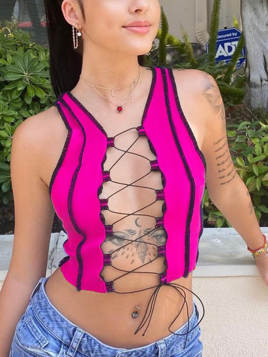 

Lovely Sexy Bandage Hollow-out Design Rose Red Camisole