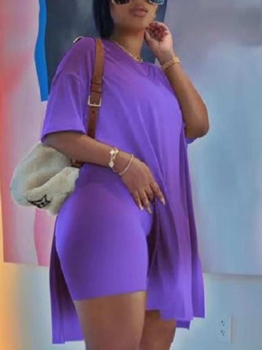 

Lovely Plus Size Casual O Neck Split Purple Two-piece Shorts Set