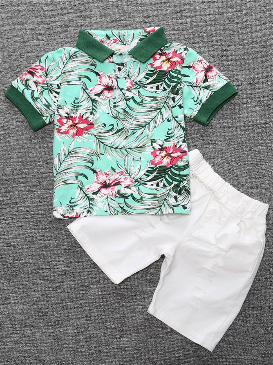 

Lovely Boy Boho Polo Collar Floral Print Green Two Piece Shorts Set