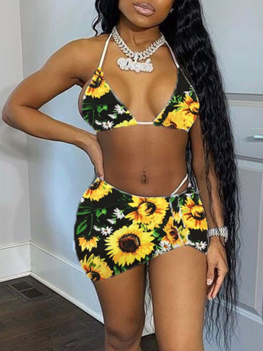 

LW Boho Sunflower Print Bandage Bikini Set, Yellow