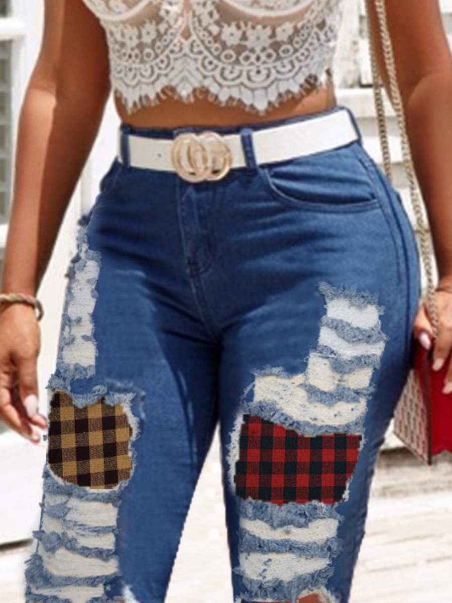 

Lovely Street Plaid Print Ripped Deep Blue Denim Shorts