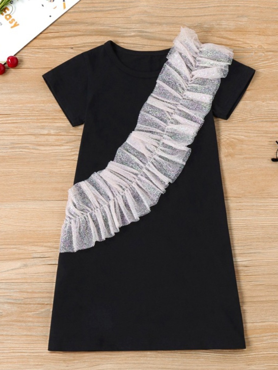 

Lovely Casual Mesh Flounce Design Black Knee Length Dress