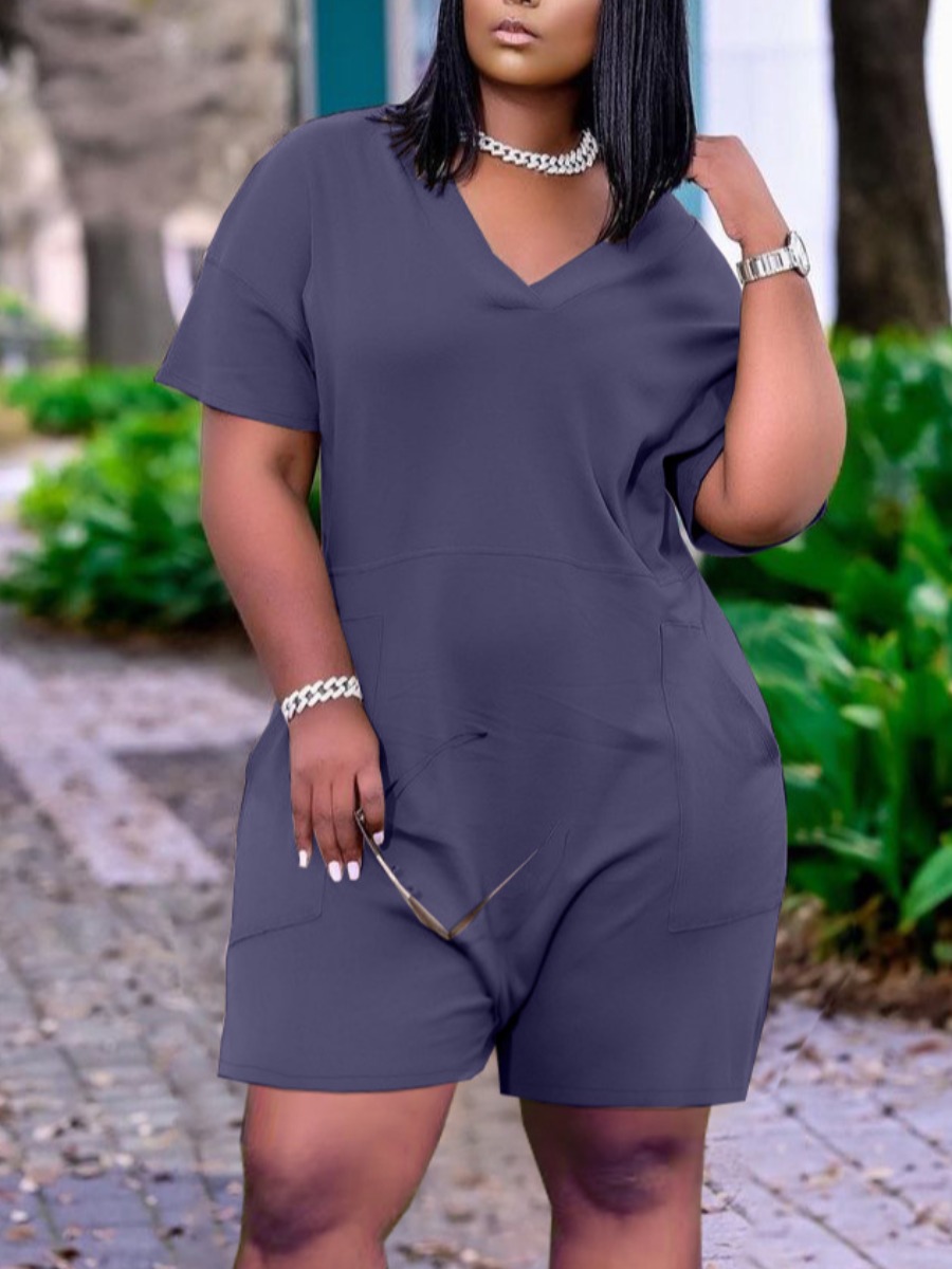 

Lovely Plus Size Casual V Neck Pocket Design Blue One-piece Romper