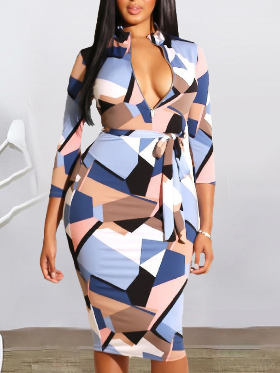 

Lovely Plus Size Sweet Geometric Print Bandage Design Blue Knee Length Dress